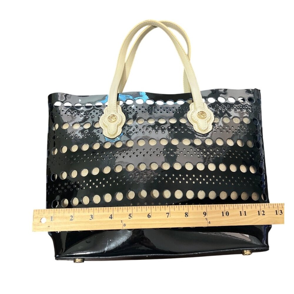 Spartina 449 Black Patent Leather Tote Bag Laser-Cut Dots With Beige Handles - Picture 6 of 7